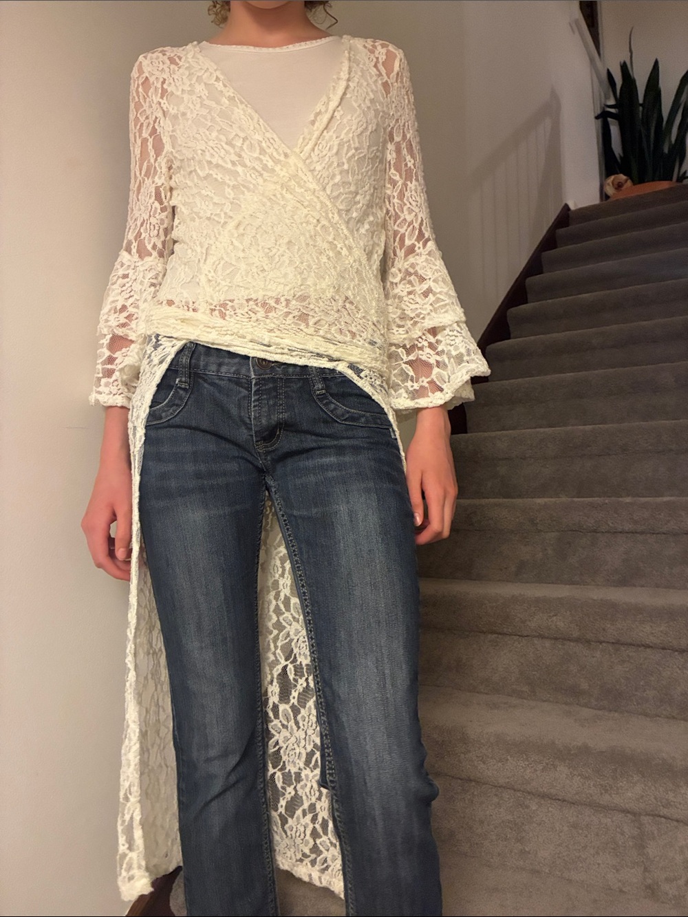 Lace Duster Cape - Ivory Long Sheer Lace Kimono - Picture 4 of 8